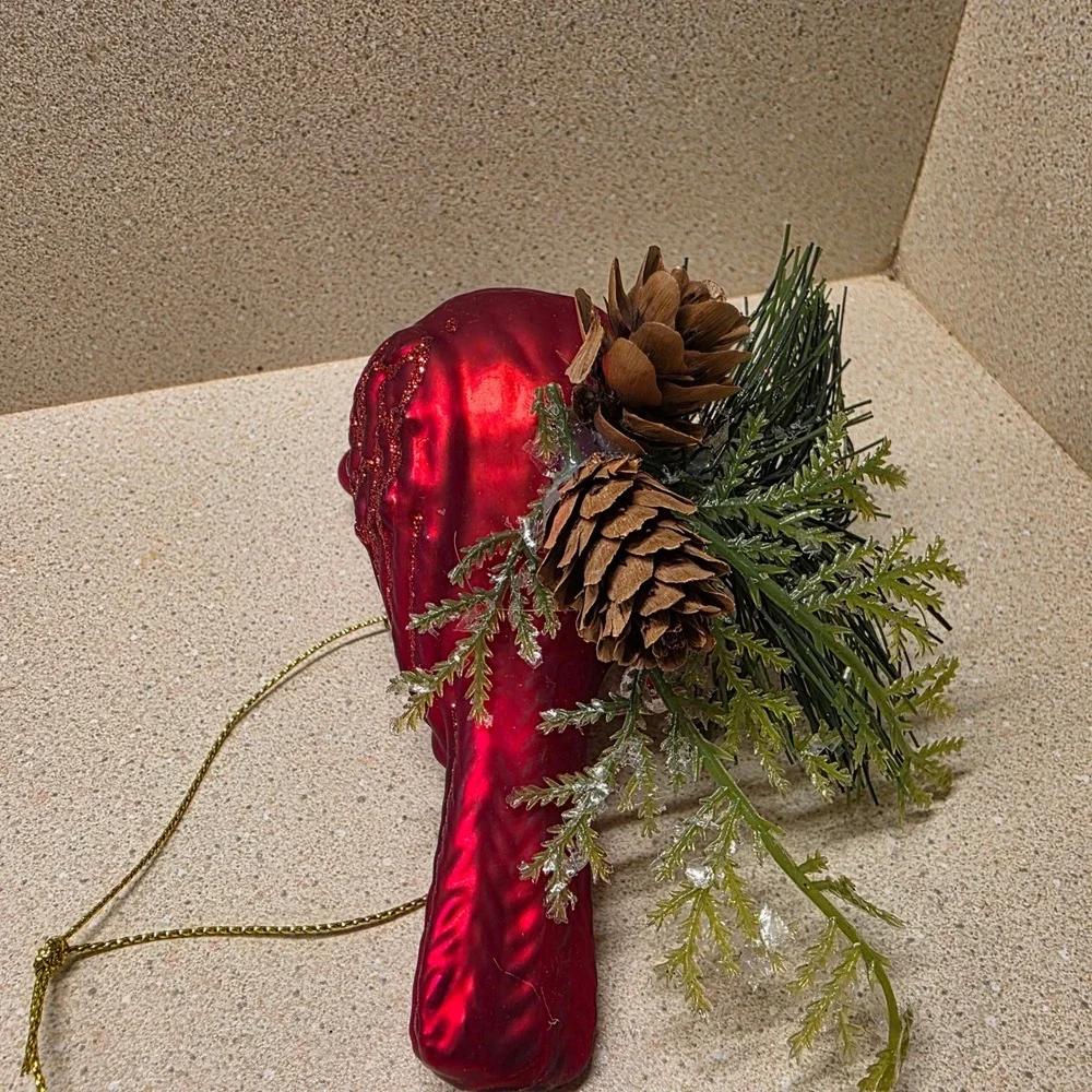 Vintage Blown Glass Cardinal Bird  Christmas Ornament Red Glitter Pinecone Base